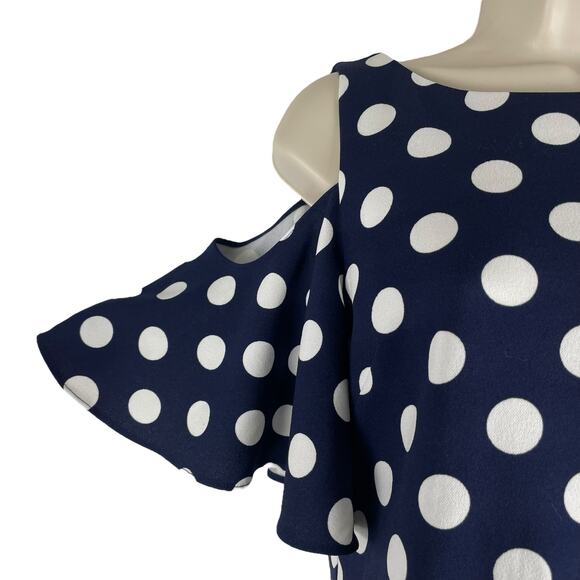 Eliza J Cold Shoulder Polka Dots Mini Dress Navy White Size 2 - Picture 7 of 10